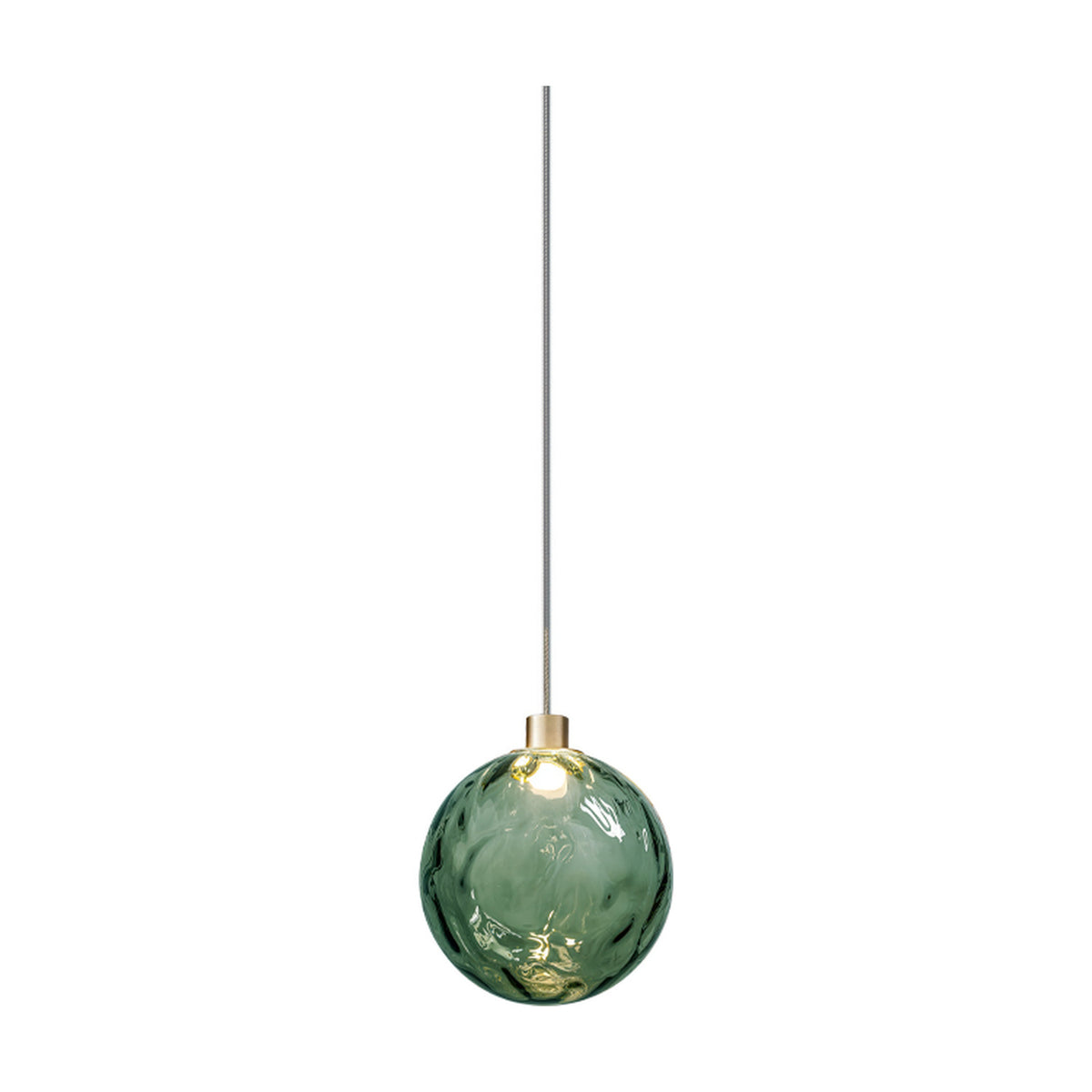 Murané pendant light with a 15cm rippled Forest Green glass sphere, integrated LED, and Brushed Champagne cap on a slim cable against a plain white background.