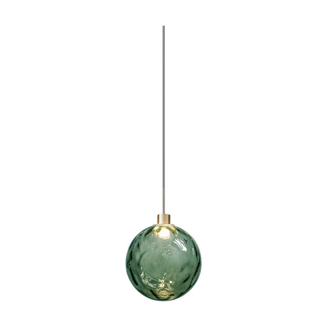 Murané pendant light with a 15cm rippled Forest Green glass sphere, integrated LED, and Brushed Champagne cap on a slim cable against a plain white background.
