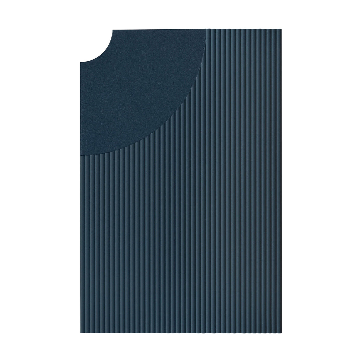 Arid Wall Light Tile in Textured Grey Blue, a rectangular aluminium panel with fine vertical fluting and a smooth curved cutout at one corner, shown on a plain white background.