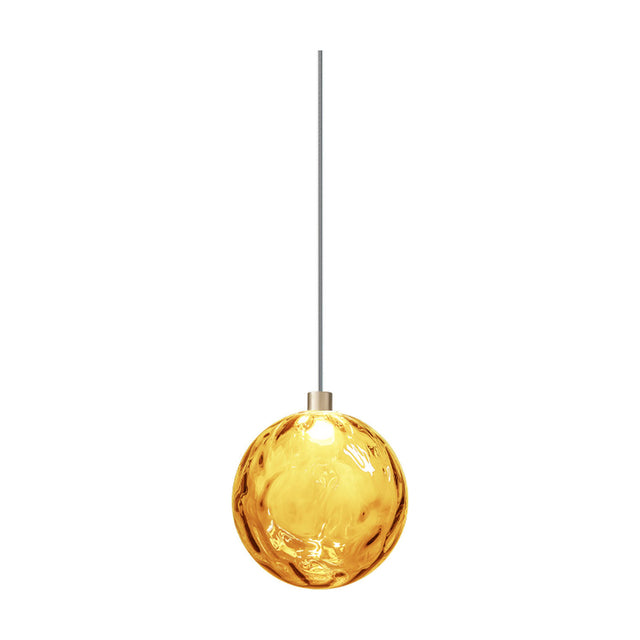 Murané pendant light with an 18cm caramel glass sphere featuring a rippled texture, integrated LED, and brushed champagne ceiling cap on a thin cable, shown against a white background.
