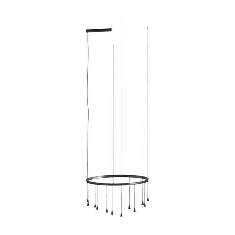 Skybell Circle Iron Ring LED Pendant Light in Ebony Black, a circular ring suspended on fine wires with multiple cone-shaped heads hanging below, shown on a plain white background.