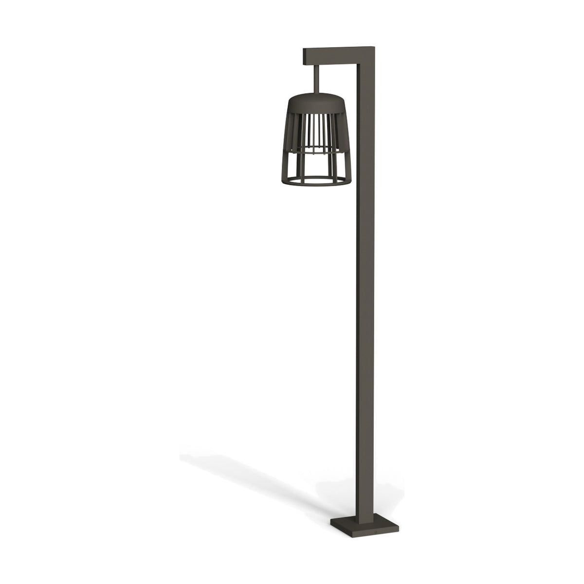 Coralys Aluminium LED Bollard Light 120cm in Shadow Grey, a square-post outdoor bollard with a flat base and angled arm holding a single slatted cage lantern, shown on a plain white background.