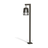Coralys Aluminium LED Bollard Light 120cm in Shadow Grey, a square-post outdoor bollard with a flat base and angled arm holding a single slatted cage lantern, shown on a plain white background.