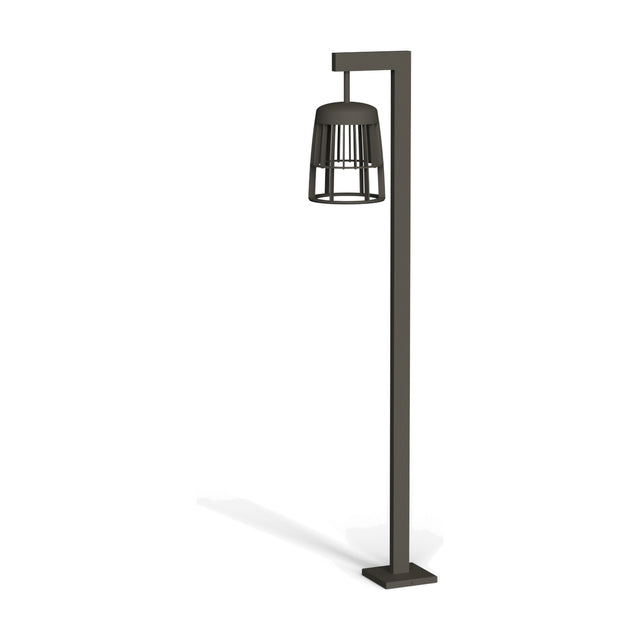 Coralys Aluminium LED Bollard Light 120cm in Shadow Grey, a square-post outdoor bollard with a flat base and angled arm holding a single slatted cage lantern, shown on a plain white background.