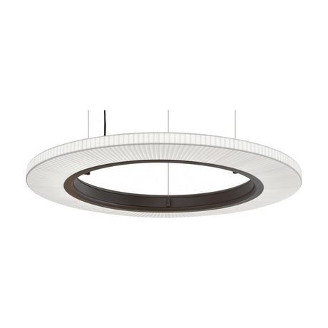 Roda S/90 Ribbon Ring LED pendant light, a large round fixture with a white pleated translucent band around a dark inner ring, suspended on fine wires against a plain white background.