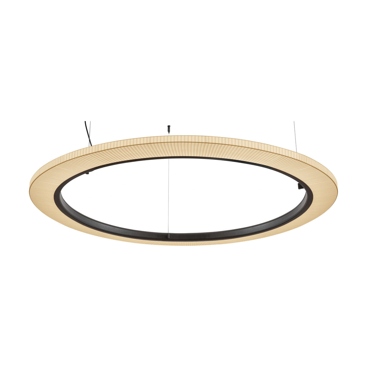 Roda S/150 Ribbon Ring LED pendant light, a large cream pleated ring shade with dark inner edge, suspended on fine wires against a plain white background.
