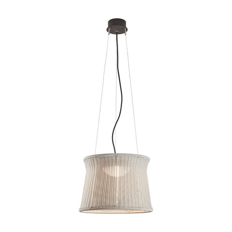 Syra 45 pendant light with a woven ivory white drum shade narrowing at the waist, suspended by three wires and a central cable from a round brown ceiling canopy, shown on a plain white background.