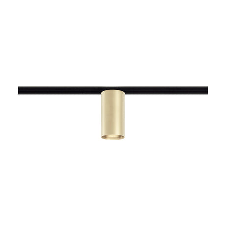 432 Ways Street cylinder track ceiling light in Brushed Champagne, a slim cylindrical spotlight mounted on a black track, shown on a plain white background.