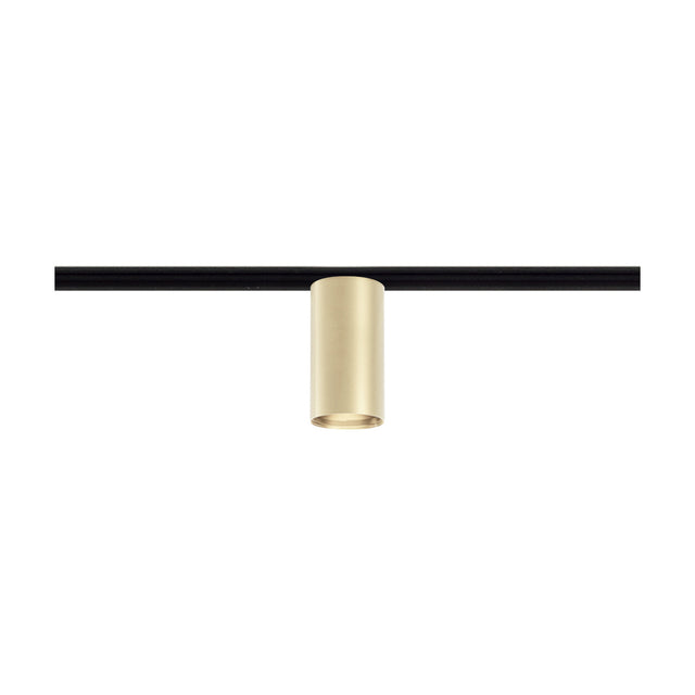 432 Ways Street cylinder track ceiling light in Brushed Champagne, a slim cylindrical spotlight mounted on a black track, shown on a plain white background.