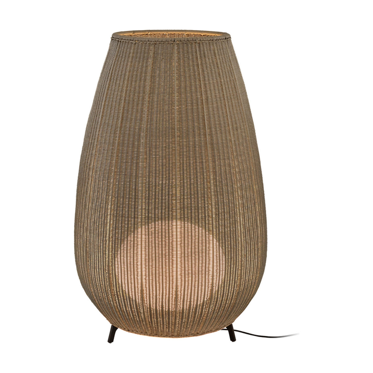 Amphora 03 Woven LED Outdoor Floor Lamp in beige, a tall vase-shaped fixture with woven fibre body, tapered top, and three short legs, shown on a plain white background.