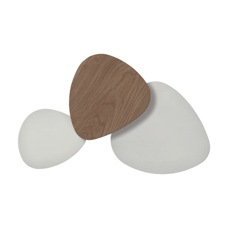 Tria 3 Light Wood LED Wall Light with overlapping rounded panels in white and natural oak finishes, shown on a plain white background.