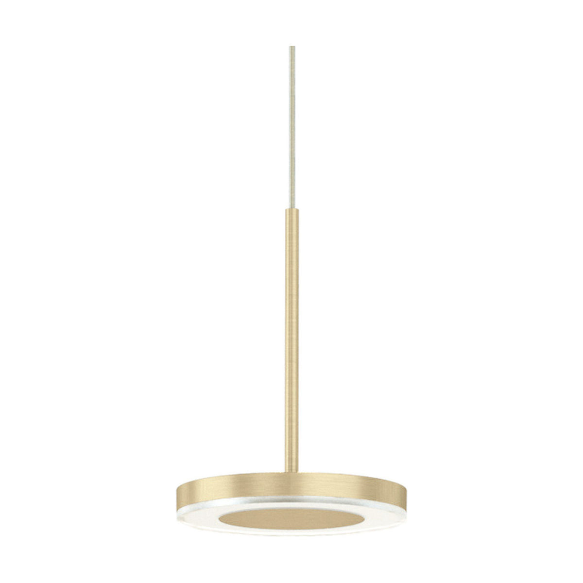 Bella Direct Aluminium LED Pendant Light in Brushed Champagne, a slim disc-shaped fixture on a thin stem with a white diffuser ring, shown on a plain white background.