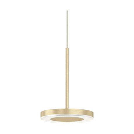 Bella Direct Aluminium LED Pendant Light in Brushed Champagne, a slim disc-shaped fixture on a thin stem with a white diffuser ring, shown on a plain white background.