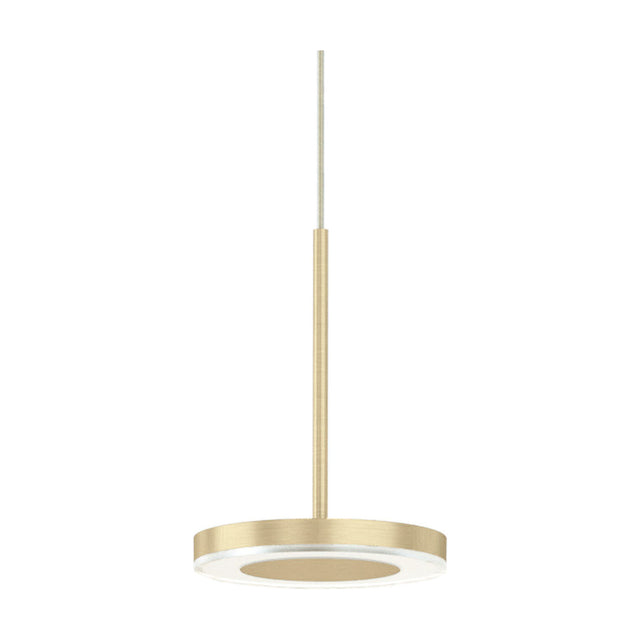 Bella Direct Aluminium LED Pendant Light in Brushed Champagne, a slim disc-shaped fixture on a thin stem with a white diffuser ring, shown on a plain white background.