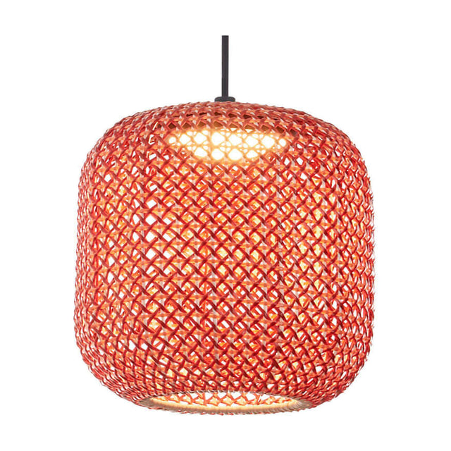Nans S/31 Outrack LED outdoor track pendant light with a rounded, open-weave red shade on a black suspension cord, shown lit against a plain white background.