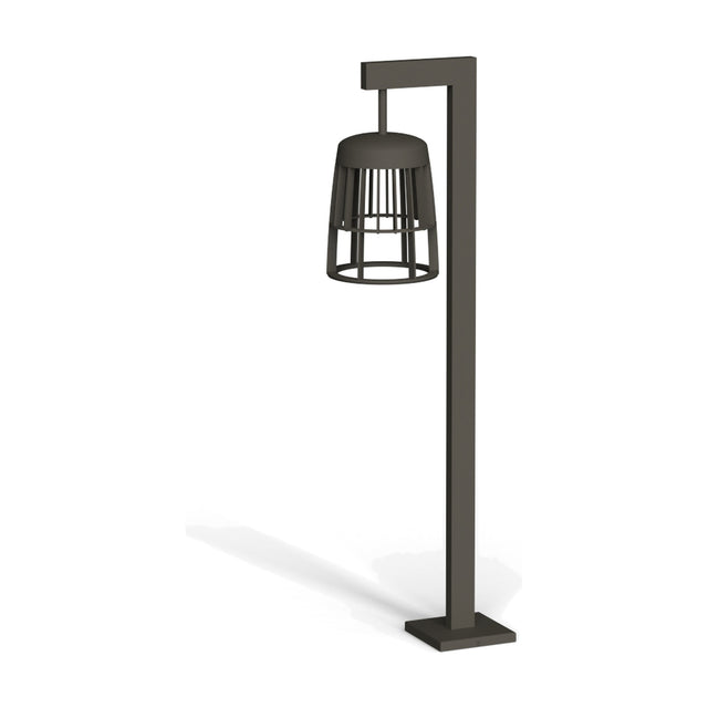Coralys Aluminium LED Bollard Light 90cm in Shadow Grey, an L-shaped garden post with a slatted cage lantern hanging from its arm, on a flat square base, shown against a plain white background.