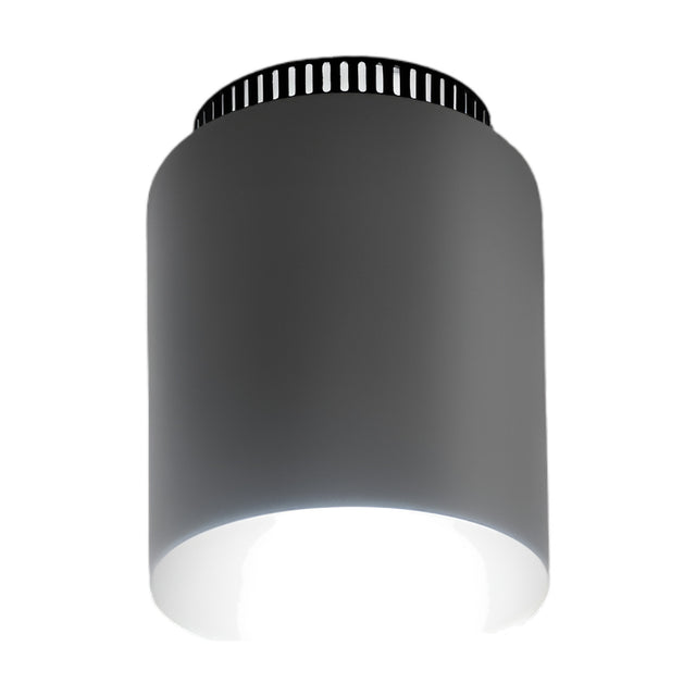 Aspen C17A ceiling light, a grey cylindrical fixture with a slotted black ring at the ceiling mount and an open underside emitting warm LED light, shown on a white background.
