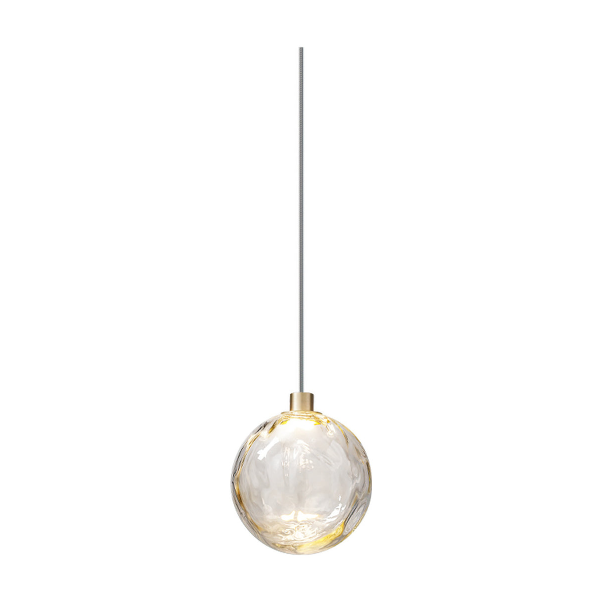 Murané 15cm pendant light with a rippled transparent glass sphere, integrated LED, Brushed Champagne cap and long cable, shown on a plain white background.