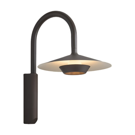 Fanalet A/02 outdoor wall light with a tall arched graphite brown aluminium arm and a wide flat shade featuring a white underside and integrated LED, on a plain white background.