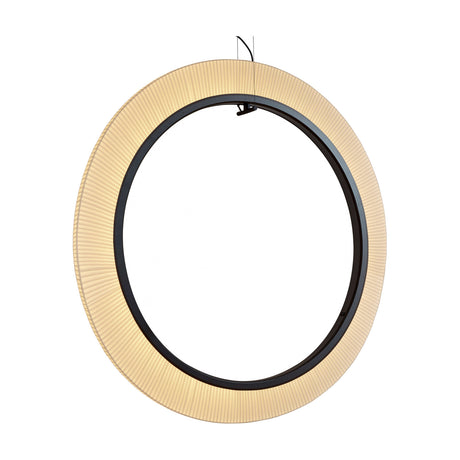 Roda S/120/V large vertical ring pendant light with pleated cream translucent ribbon shade around a dark inner ring, hung on fine wires, shown on a plain white background.
