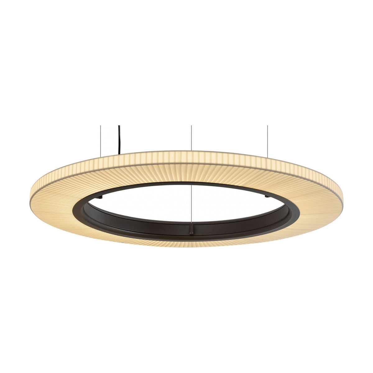 Roda S/90 Ribbon Ring LED pendant light, a large circular fixture with a cream pleated translucent shade and dark inner ring, suspended on thin cables against a plain white background.