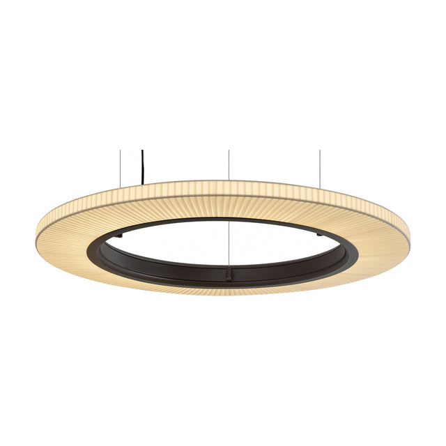 Roda S/90 Ribbon Ring LED pendant light, a large circular fixture with a cream pleated translucent shade and dark inner ring, suspended on thin cables against a plain white background.
