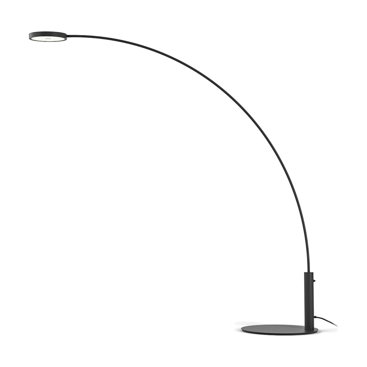 Dip Arc LED outdoor floor lamp in Micaceous Grey, slim upright on a round base with a long curved arm and flat disc head, shown on a plain white background.