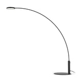 Dip Arc LED outdoor floor lamp in Micaceous Grey, slim upright on a round base with a long curved arm and flat disc head, shown on a plain white background.