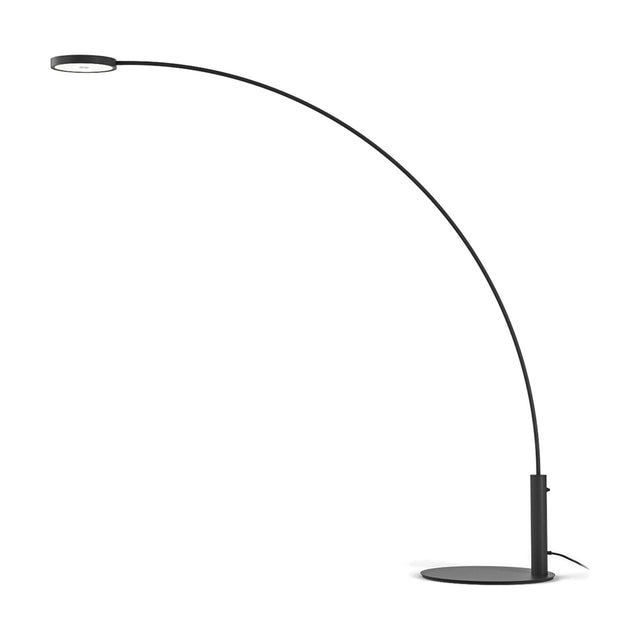 Dip Arc LED outdoor floor lamp in Micaceous Grey, slim upright on a round base with a long curved arm and flat disc head, shown on a plain white background.