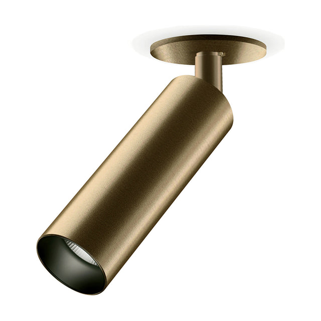Lola Recessed LED Downlight in Brushed Bronze, showing a slim cylindrical head on a short angled stem beneath a round ceiling canopy, set against a plain white background.