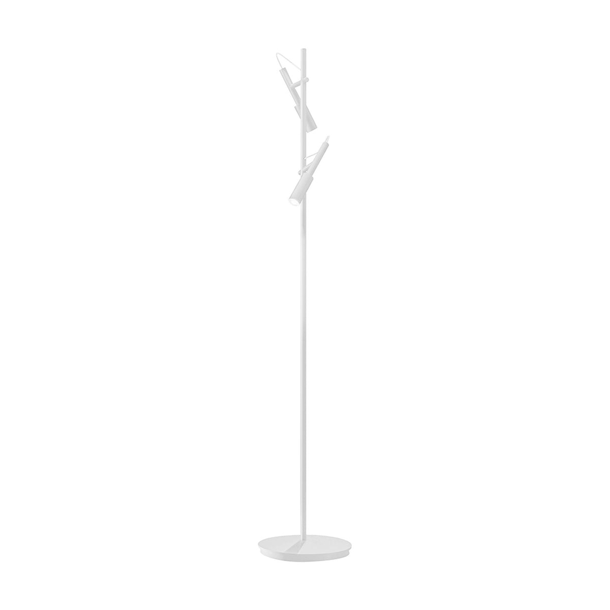 Tubino 2 Light Aluminium LED Floor Lamp in white, with a tall slim stem, two adjustable cylindrical heads near the top, and a round base, shown on a plain white background.
