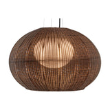 Garota S/02 outdoor pendant light with a woven brown globe-shaped shade and glowing white inner diffuser, hung on fine cables against a plain white background.