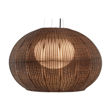 Garota S/02 outdoor pendant light with a woven brown globe-shaped shade and glowing white inner diffuser, hung on fine cables against a plain white background.