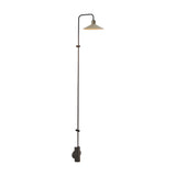 Platet A/06 aluminium LED wall light with a tall slim rod rising from a round wall-mounted base, curving at the top to a single conical grey shade, shown on a plain white background.