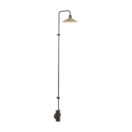 Platet A/06 aluminium LED wall light with a tall slim rod rising from a round wall-mounted base, curving at the top to a single conical grey shade, shown on a plain white background.