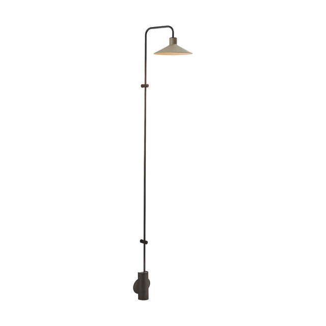 Platet A/06 aluminium LED wall light with a tall slim rod rising from a round wall-mounted base, curving at the top to a single conical grey shade, shown on a plain white background.