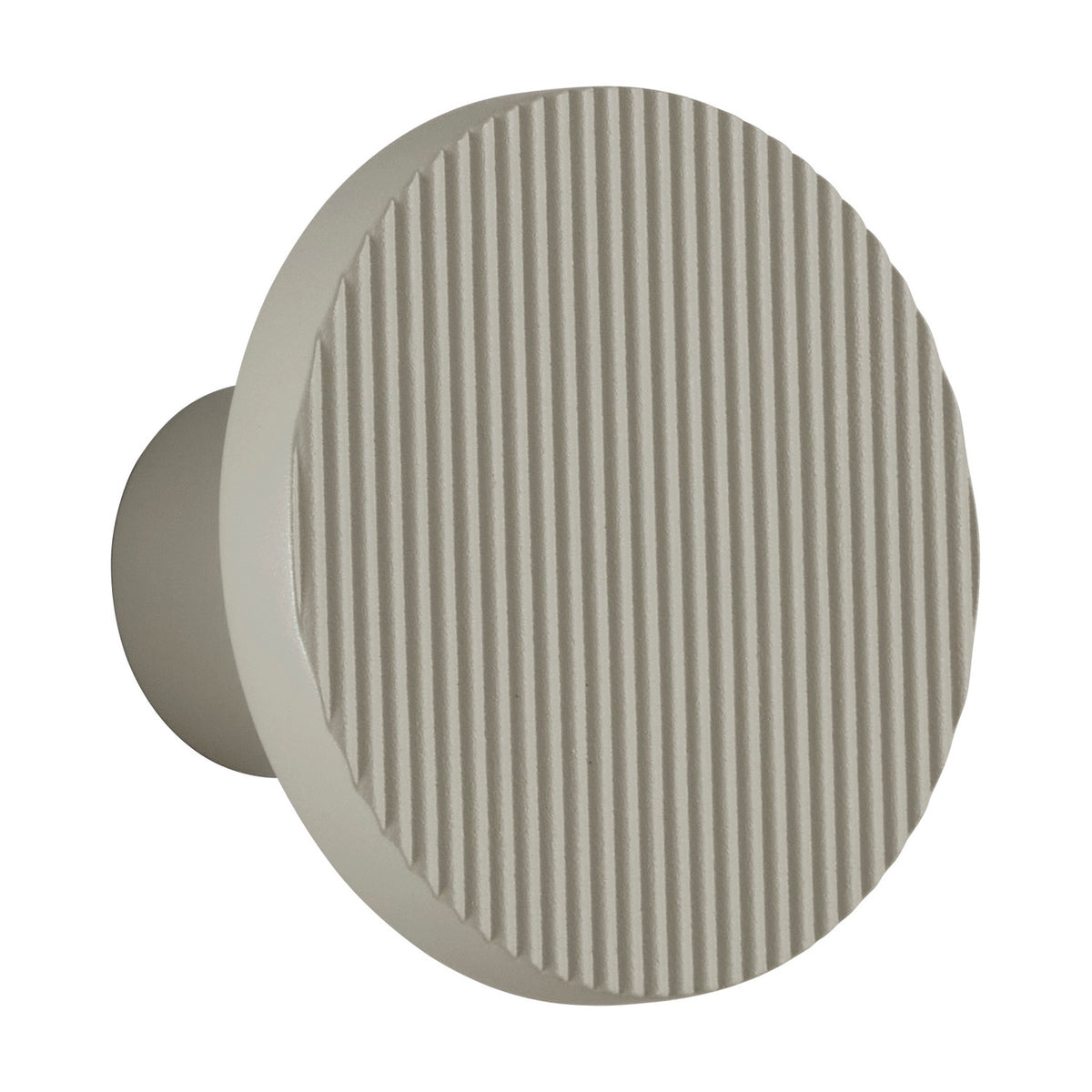 Arid A/01 round aluminium LED wall light with fine vertical fluted disc face in Textured Pebble Grey, shown on a cylindrical wall stem against a plain white background.