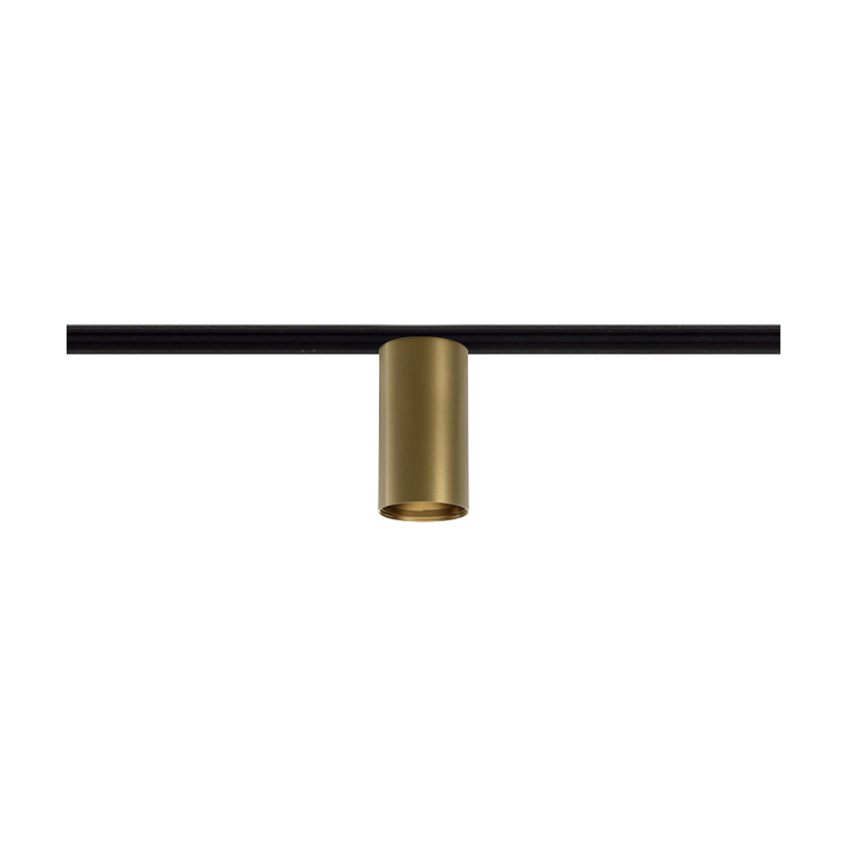 432 Ways Street cylinder track ceiling light in Brushed Bronze, a slim cylindrical spotlight head mounted on a black track, shown on a plain white background.