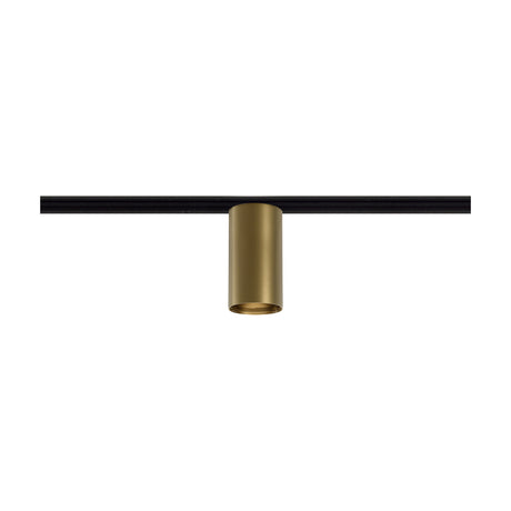 432 Ways Street cylinder track ceiling light in Brushed Bronze, a slim cylindrical spotlight head mounted on a black track, shown on a plain white background.