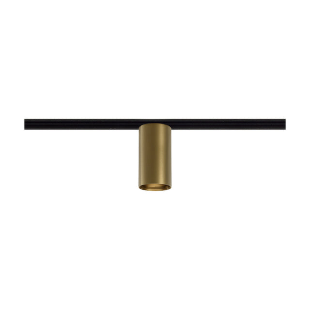 432 Ways Street cylinder track ceiling light in Brushed Bronze, a slim cylindrical spotlight head mounted on a black track, shown on a plain white background.