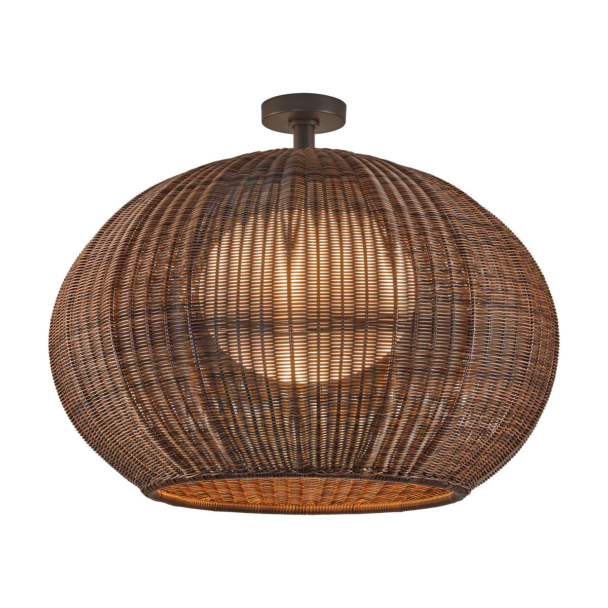 Garota PF/02 semi-flush ceiling light with a wide, rounded woven brown shade, inner diffuser, short stem and round canopy, integrated LED, shown on a plain white background.
