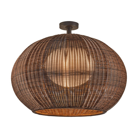 Garota PF/02 semi-flush ceiling light with a wide, rounded woven brown shade, inner diffuser, short stem and round canopy, integrated LED, shown on a plain white background.