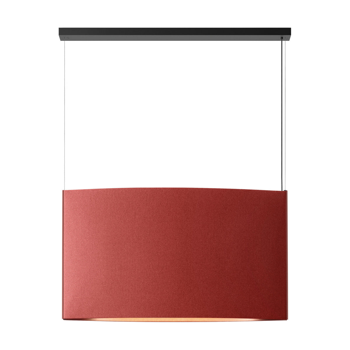 Noren S/123.2 fabric LED pendant light with a wide, curved terracotta panel shade suspended on two fine wires from a long black ceiling canopy, shown on a plain white background.