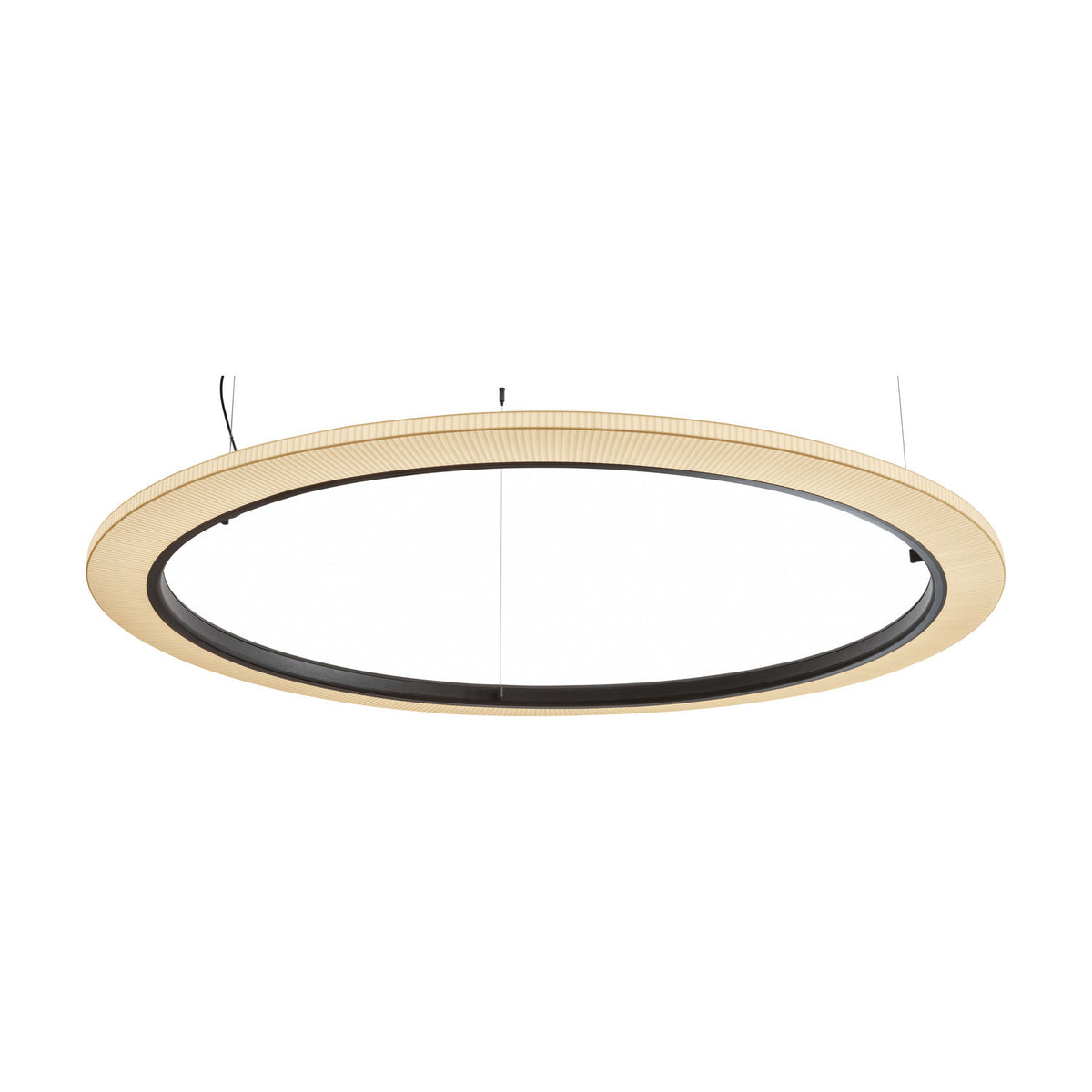 Roda S/200 Ribbon Ring LED pendant light, a large circular fixture with pleated cream translucent shade and black inner ring, shown against a plain white background.