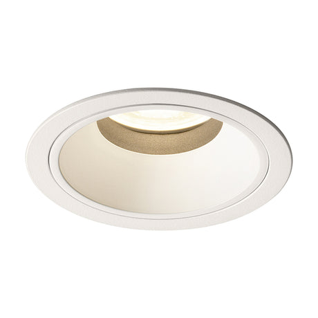 Jarvis Fixed round recessed downlight in white, 8.5cm aluminium frame with tapered inner reflector and integrated LED, shown on a plain white background.