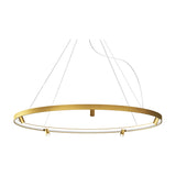 Arena Aluminium Ring LED Pendant Light, 194cm brushed brass circular fixture with integrated LED strip and small cylindrical spotlights, suspended on thin cables against a white background.