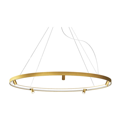 Arena Aluminium Ring LED Pendant Light, 194cm brushed brass circular fixture with integrated LED strip and small cylindrical spotlights, suspended on thin cables against a white background.