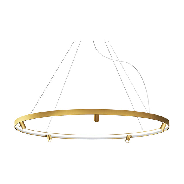 Arena Aluminium Ring LED Pendant Light, 194cm brushed brass circular fixture with integrated LED strip and small cylindrical spotlights, suspended on thin cables against a white background.