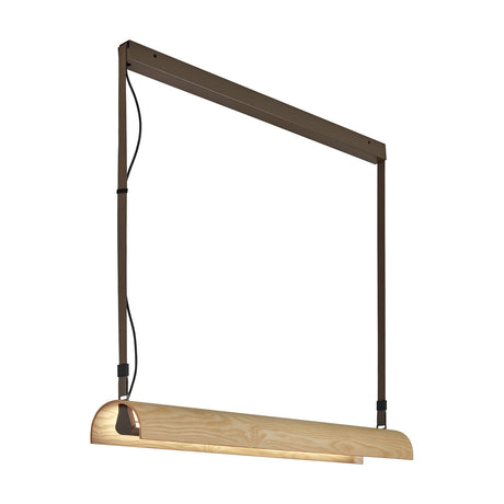 Aluet S/100 Wood LED pendant light with a long half-round ash wood shade in beige, suspended by cotton straps from a slim bronze ceiling rail on a white background.