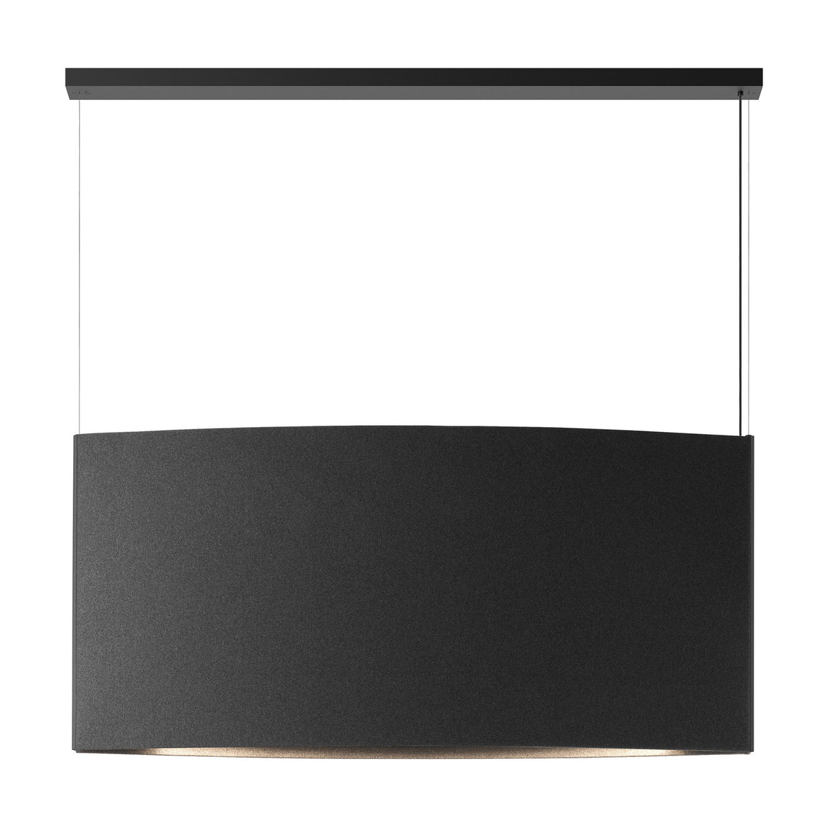Noren S/151.2 LED pendant light with a long curved dark grey fabric panel suspended on two thin cables from a slim black ceiling canopy, shown on a plain white background.